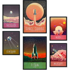 Nacnic 6 planetariumo plakatų rinkinys Plakatų kolekcija su koliažo estetika, skirta interjero apdailai, A3 ir A4 dydžių, be rėmelių