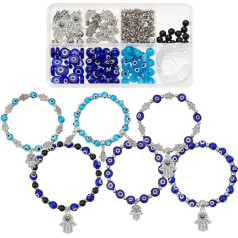 SUNNYCLUE 1 dėžutė 240 vienetų 240 vienetų 6 eilių Blogio akis apyrankių kūrimo rinkinys 8 mm, 10 mm Blogio akis karoliukai urmu Lampwork stiklo karoliukai Mėlyna Hamsa rankų pakabukai papuošalų kūrimo rinkiniai moterims suaugusiems DIY apyra