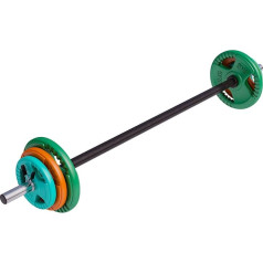 GORILLA SPORTS® svarmenų rinkinys - 19,3 kg / 20 kg, aerobika, 130 cm, 6 svarmenų plokštės, 2 x 1,25 kg, 2 x 2,5 kg, 2 x 2,5 kg, 2 x 5 kg svarmenys, 30 mm, ketaus, spyruoklinės sagtys - hantelių rinkinys, pompų rinkinys, svarmenų rinkinys