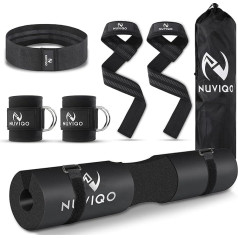 NUVIQO 9 dalių fitneso reikmenų rinkinys su štangos padu su 2 sėdynės diržais, 2 kulkšnių diržais kabelinei mašinai, 2 svorių kėlimo diržais, klubo pasipriešinimo juosta, klubo smūgio pado krepšiu