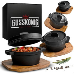 GUSSKÖNIG olandiškos keptuvės rinkinys Mini su medine paklode - 4 x 300 ml ketaus mini puodas su dangčiu - deginta mini olandiška keptuvė - mini ketaus keptuvė Cocotte