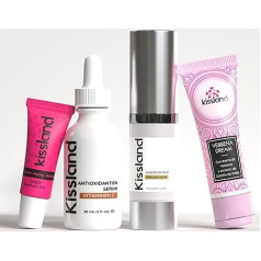 KISSLAND - Dovanų pakuotė Akių serumas prieš tamsius ratilus moterims (60 ml) + Vitamino C serumas (30 ml) + Lūpų balzamas atkuriamasis ir rankų kremas Dovanų rinkinys - Vitamino C serumas veidui - Akių serumas hialuronas