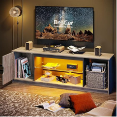 Bestier Televizoriaus spintelė, žema lentynėlė 65 colių ir mažesniems televizoriams, 148 x 35 x 52 cm, televizoriaus spintelė su RGB LED apšvietimu, televizoriaus stovas su reguliuojamomis stiklinėmis lentynomis svetainei, miegamajam, pilka