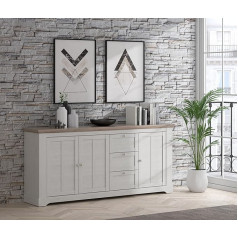 Forte ILOPPA Kompozitinės medienos stalčius su 3 stalčiais ir 3 durelėmis, Snowy Oak/Nelson Oak, plotis x aukštis x gylis: 204,7 x 92,5 x 44,3 cm