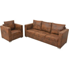 Makastle Sofos komplektas 2 dalių fotelis ir 3 sėdimųjų vietų sofa Sofos komplektas su pagalvėlėmis Minkšta sofa Lounge sofa Minkšti baldai Svetainės sofa 4 žmonėms Vintage Suede Look