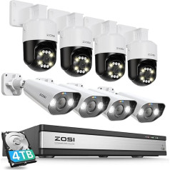 ZOSI 5 MP lauko stebėjimo kamerų rinkinys, 4 x 360° kampu pasukama PoE IP kamera ir 4 x lauko kameros su vaizdo kameromis, 16CH 4TB HDD NVR, asmens ir transporto priemonės aptikimo funkcija