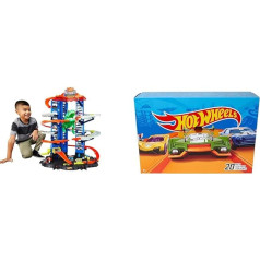 Hot Wheels GJL14 City Robo T Rex Megacity Parking Garage su žaisliniu dinozauru - 2 žaisliniai automobiliai ir DXY59 20 pakuočių 1:64 liejamų transporto priemonių dovanų rinkinys, 20 žaislinių automobilių