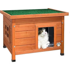 VOUNOT Katzenhaus aus Holz, Katzen Haus mit Asphaltdach, Katzenhütte für Draussen Outdoor 57 x 45 x 43 cm