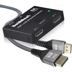8K DisplayPort 1.4 jungiklis (su 2 vnt. 8K DP kabelio 1,8 m), BolAAzuL DP perjungiklis Splitter Converter 2x1 arba 1x2 dvikryptis, 8K@30Hz 4K@120Hz 2K@144Hz su dviem DisplayPort 1.4 kabeliais