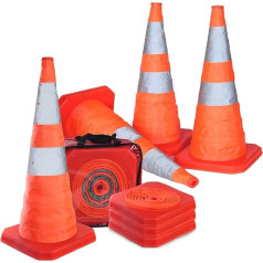 4 eismo kūgių pakuotė Stulpeliai Sulankstomi įspėjamieji kūgiai 70 cm kūgių rinkinys darbui ant grindų su šviesą atspindinčiomis juostelėmis (4 vienetai 70 cm sulankstomi)