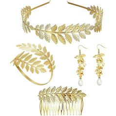 JeweBella 4 dalių graikų deivės bižuterijos rinkinys Moterų aukso Romos Laurel Leaf Crown galvos juostos apyrankė apyrankė Bangle viršutinė ranka Pearl Dangle auskarai Vestuvių nuotakos galvos apdangalas Toga Party, žalvaris, perlas