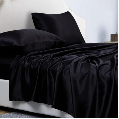 4 dalių satininis blizgus paprastas 180 x 200 cm užvalkalas, skirtas čiužiniams iki 36 cm, plokščiųjų paklodžių komplektas su plokščiuoju paklode, prigludusiu paklode ir 2 pagalvių užvalkalais - juodas