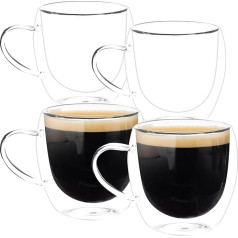 Dvigubų sienelių 250 ml talpos kavos puodelis, skaidrus kapučino ir latės puodelis su rankenėle, šilumos izoliacija karštiems ir šaltiems gėrimams, arbatai, pienui, sultims, 4 vnt.