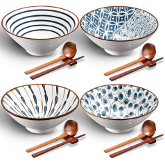 Keraminių Ramen dubenėlių rinkinys iš 4 japoniškų didelių Ramen dubenėlių su lazdelėmis, šaukštais ir lentynomis Keraminiai Ramen Azijos sriubos dubenėliai Salotų makaronai