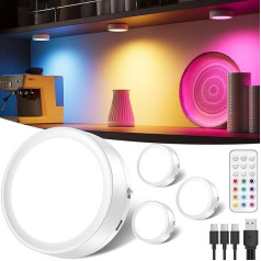 RGB LED taškinė baterija su nuotolinio valdymo pultu, 1600 mAh USB įkraunamas ekrano vitrinos apšvietimas Belaidis reguliuojamas apšvietimas Virtuvės LED apvali magnetinė spintelės lemputė, skirta klijuoti LED taškinė baterija su