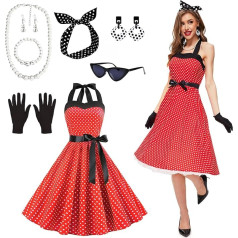 Moterų 50-ųjų kostiumas, 9 dalių Rockabilly aksesuarai su katės akiniais, auskarais, auskarais, galvos juosta, vėriniu, pirštinėmis teminiam vakarėliui, retro vakarėliui