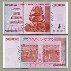 Zimbabvė 5 milijardų dolerių banknotas AB/AA 2008 P84 UNC Valiutos banknotas