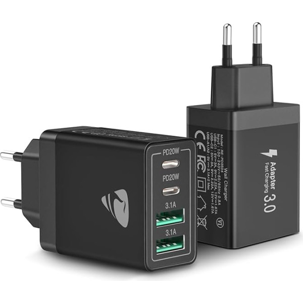 2 pakuotės USB C įkroviklis, 4 prievadų adapteris su USB-C ir USB-A, 40 W greitasis įkroviklis PD 3.0 įkroviklio maitinimo šaltinis iPhone 15 Pro Max 14 13 12 11 SE XS XR, Samsung, mobiliesiems telefonams
