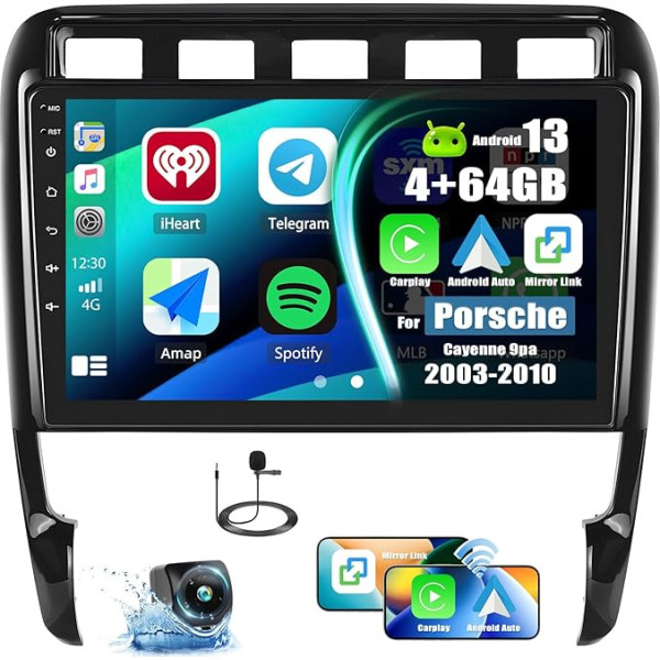 4+64G Android 13 automobilinis radijas Porsche Cayenne 2003-2010 su Carplay Android automobilis, 9 colių jutiklinio ekrano radijas su išmaniuoju balsu Bluetooth WiFi GPS FM / RDS 36EQ tinklo radijas SWC + atbulinės eigos kamera