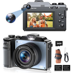 Skaitmeninis fotoaparatas 4K 64MP dvigubo objektyvo foto kamera su 64GB kortele, 3,0 colių ekranas Vlog kamera 