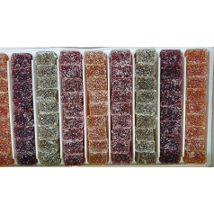 Vaisių želė 920 g, vaisių minkštimas, gabalėliais, vaisių dervos, rūšys (citrina, abrikosas, braškė, juodieji serbentai, kriaušė), be glitimo, be konservantų