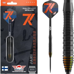 Bull's Jani Keskinarkaus 90% Volframo strėlės su plieniniais antgaliais - 23g, 24g, 26g - Profesionalios strėlės su mikro rankena, žiedine rankena ir dubenėliu, juodas korpusas su oranžiniu antgaliu