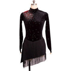 YDHTIZ paprastas dosnus figūra čiuožimas suknelė moterys aukštos apykaklės ilgomis rankovėmis Rhinestone gimnastika Sparkly Tassels Jersey