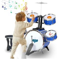 Chinliengu būgnų rinkinys Žaislas 5 būgnai su taburete Perkusinis muzikinis žaislas Dovana vaikams Džiazo būgnai Muzikinis žaislas nuo 3-8 metų Mėlyni būgnai Būgnų rinkinys