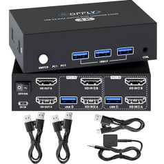 4K HDMI KVM jungiklis 2 kompiuteriams 2 monitoriams su 3 USB prievadais, 4K @ 60Hz USB 3.0 KVM jungikliai 2 kompiuteriams, kurie dalijasi 2 monitoriais ir 4 USB įrenginiais, pvz., klaviatūra, pele, kietuoju disku