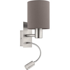 EGLO Wandlampe Pasteri, 2-flammige Textil Wandleuchte mit LED Leselicht, Leselampe aus Metall in Silber und Stoff in Anthrazit-braun, E27 Fassung