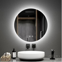 EMKE Vonios kambario veidrodis apvalus 60 cm skersmens su apsauga nuo rūko + jutiklinis jungiklis Vonios kambario veidrodis su LED foniniu apšvietimu Cool White Light 6500K šviesa Dimmable Round LED Mirror
