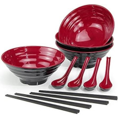 1032 ml talpos japoniškos sriubos dubenėlių rinkinys su šaukštu ir lazdelėmis makaronams, Udon, Azijos makaronams, raudonai juodi mišrūs (4 vnt.)