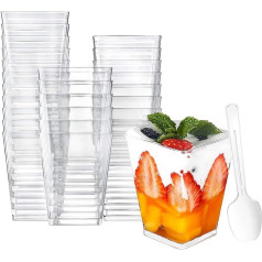 Trlyane Pakuotė iš 50 desertinių puodelių su šaukštais, desertiniai puodeliai Plastikinės desertinės stiklinės 160 ml / 5 oz Desertinių dubenėlių rinkinys Mažų plastikinių desertinių dubenėlių Ledų ledai Sundae Plastikiniai pirštų mai
