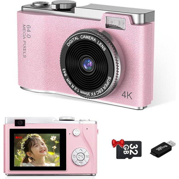 Skaitmeninis fotoaparatas Sheewey 2,4 colio su 32 GB atminties kortele Fotoaparatas Full HD 1080P 64 megapikselių su automatiniu fokusavimu ir dviguba kamera Idealus gimtadienio mergaitė