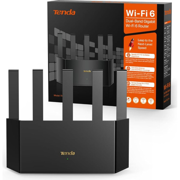 Tenda RX2L Pro Wi-Fi 6 WLAN maršrutizatorius (AX1500 Dual Band 1201Mb/s 5GHz, 300Mb/s 2,4GHz) 5X išorinės antenos, 4-Gigabit prievadas, kartotuvo ir prieigos taško režimas, 