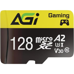 AGI TF138 128GB MicroSDXC atminties kortelė su adapteriu ir microSDXC, A2, U3, V30, skaitymo greitis iki 98 MB/s, skirta dronams / prietaisų kameroms / fotoaparatams / telefonams / perjungikliams / kompiuteriams / planšetiniams kompiuteriams