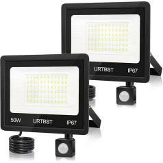 URTBST LED prožektorius su judesio jutikliu lauke, 50 W, 5000 lm, LED prožektorius, IP67 vandeniui atsparus, LED prožektorius, 7000 K, vėsiai baltos spalvos, itin ryškus lauko prožektorius sodui, garažui, kiemui (pakuotė)
