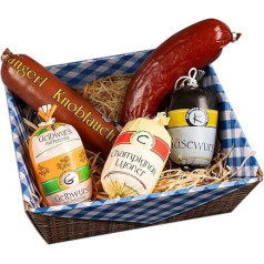 Wurstbaron® dovanų krepšelis dešros mėgėjams, dešros dovanų krepšelis su dešros patiekalais, dovanų krepšelis gimtadieniui, Kalėdoms su česnakine dešra, paprikos dešra, geltonąja dešra, grybų lioneriu ir