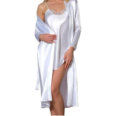 GIONA Moterų satino seksualus chalatas su naktiniais marškiniais, dviejų dalių miego drabužiai, chalatas, trumpas Negligee rinkinys, šilkas, balta