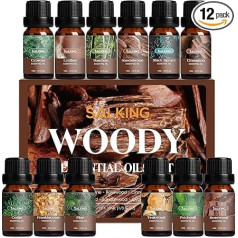 SALKING Woody eterinių aliejų rinkinys, 12 x 10 ml aromaterapinių kvapiųjų aliejų rinkinys difuzoriui, smilkalai, tikmedis, sandalmedis, kiparisas, kedras, pačiulis, oda, bambukas, pušis, rožmedis, cinamonas,