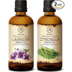 Eterinių aliejų rinkinys 2 x 100 ml - levandų eterinis aliejus ir citronelių aliejus - aromaterapinis dovanų rinkinys difuzoriui - aliejai difuzoriams ir muilo gamybai - aliejai žvakėms ir romantikai - aliejaus degiklis
