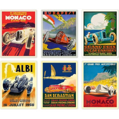 WallBUddy 6 automobilių lenktynių Grand Prix plakatų rinkinys F1 plakatas Formulės 1 plakatas Automobilių lenktynių plakatas Automobilių lenktynių spausdinimas Automobilių lenktynių plakatas 1930, 1936, 1937, 1952, 1966, 1970 (30 cm x 40 cm)