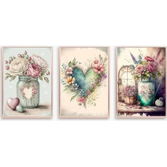 3 rožių gėlių rinkinys Plakatas Širdis A4 neįrėmintas Mason Jar Pink Purple Cream Shabby Chic Country Vase Wall Art Home Decor Decor