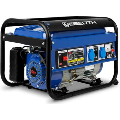 EBERTH 2200 W avarinis generatorius Elektros generatorius su 5,5 AG benzininiu varikliu, 4 taktų, aušinamas oru, 2 x 230 V, 1 x 12 V, paleidimas traukimo būdu, automatinis įtampos reguliatorius AVR, apsauga nuo tepalo trūkumo, voltmetras