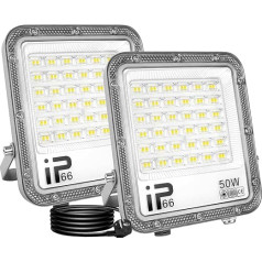 RIGIDON 2 x 50 W LED lauko prožektorius su kištuku, 5000 LM lauko prožektorius, 6000 K šaltai baltos spalvos IP66 vandeniui atsparus LED prožektorius sodui, kiemams, garažui, kiemo aikštelėms, kiemui (1 m maitinimo laidas)