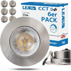 6 LED įleidžiamųjų prožektorių rinkinys, LEA-Pro 7 W, itin plokščias, šiltai baltas, neutraliai baltas, šaltai baltas, 3 lygių apšvietimas, IP20, 230 V, įleidžiamieji prožektoriai, šlifuota geležis