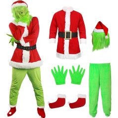 Yearsahrk 6-Teilig Grinch Kostüm Erwachsene Weihnachtsmann Kostüm Grünes Big Monster Kostüm Weihnachtskostüm Christmas Halloween Kostüm Requisiten