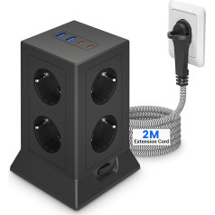 8 jungčių daugiafunkcinis lizdas su 4 USB C lizdo adapteriu, apsauga nuo viršįtampių, kištukinis lizdas su jungikliu, maitinimo skirstytuvas su 2 m kabeliu biurui ir namams, juodas