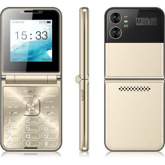 Apverčiamasis vyresniojo amžiaus telefonas Apverčiamasis dizainas Dviejų ekranų ekranas Dideli mygtukai Greitasis rinkimas Aiškus garsas HD fotoaparatas LED žibintuvėlis (auksinis)