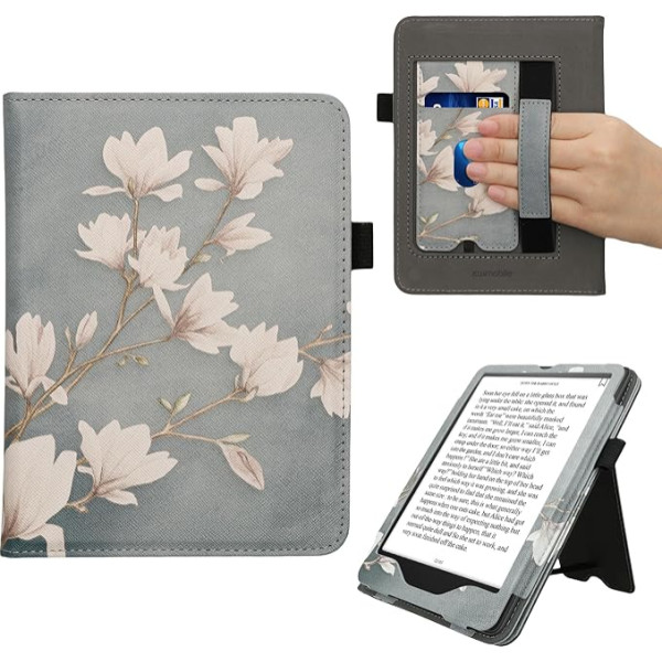 kwmobile Flip Cover kompatibel mit Amazon Kindle Paperwhite (12. Gen 2024) / Kindle Colorsoft - Dangtelis su rankų apsauga Magnolien Taupe Weiß Blaugrau